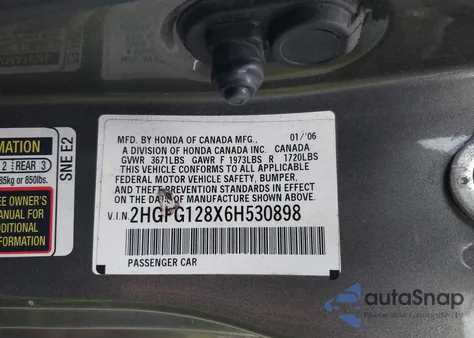 2006 Honda Civic Ex из США, поврежденный, VIN 2HGFG128X6H530898